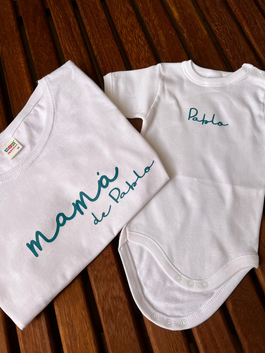Camiseta “Mamá de…” / “Papá de…” + Body o Camiseta personalizada bebé